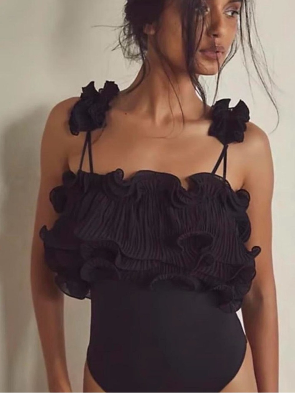 Free People Black Ruffle Strap Bodysuit